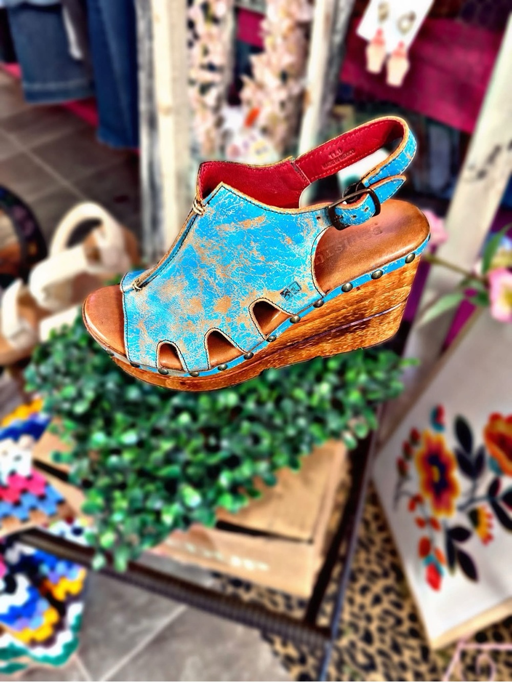 Bed Stu Turquoise Distressed Leather Wedge Sandal
